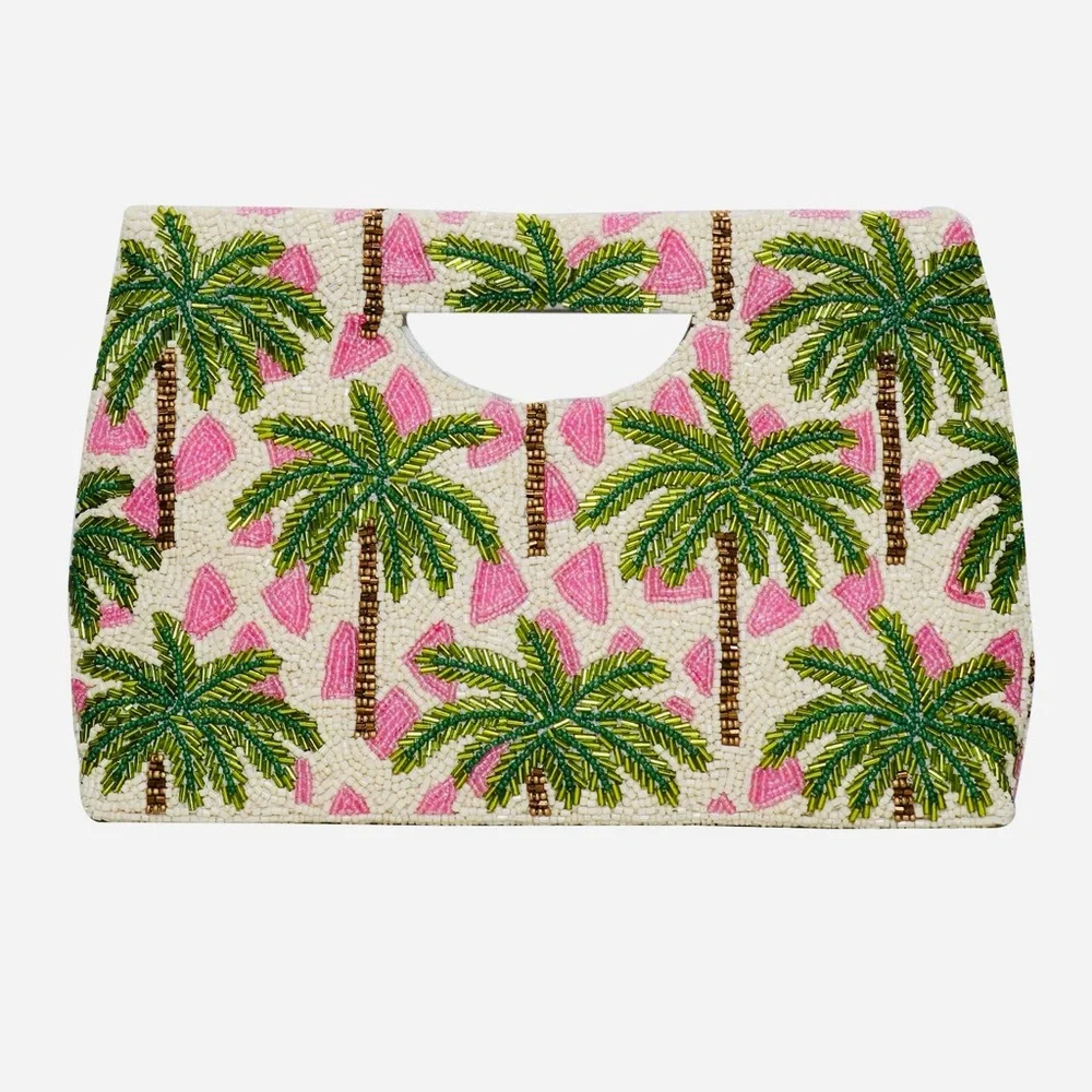 Palm Tree Beaded Clutch with Pink Accents